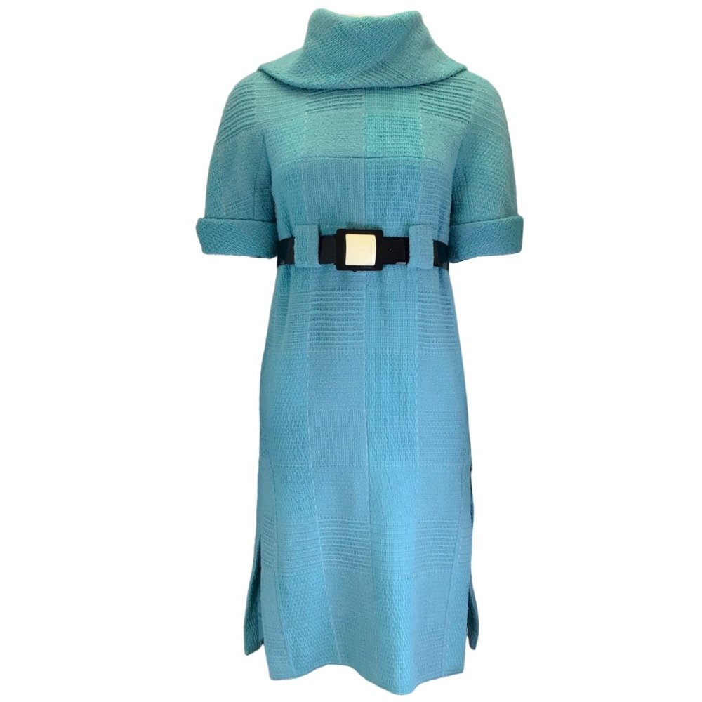 CHANEL TEAL SHORT SLEEVED BELTED WOOL TWEED DRESS